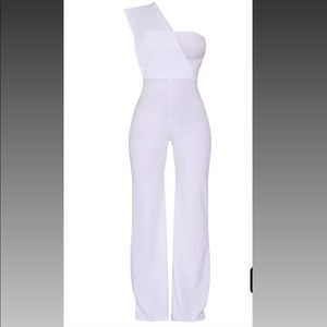 White drape one shoulder jumpsuit